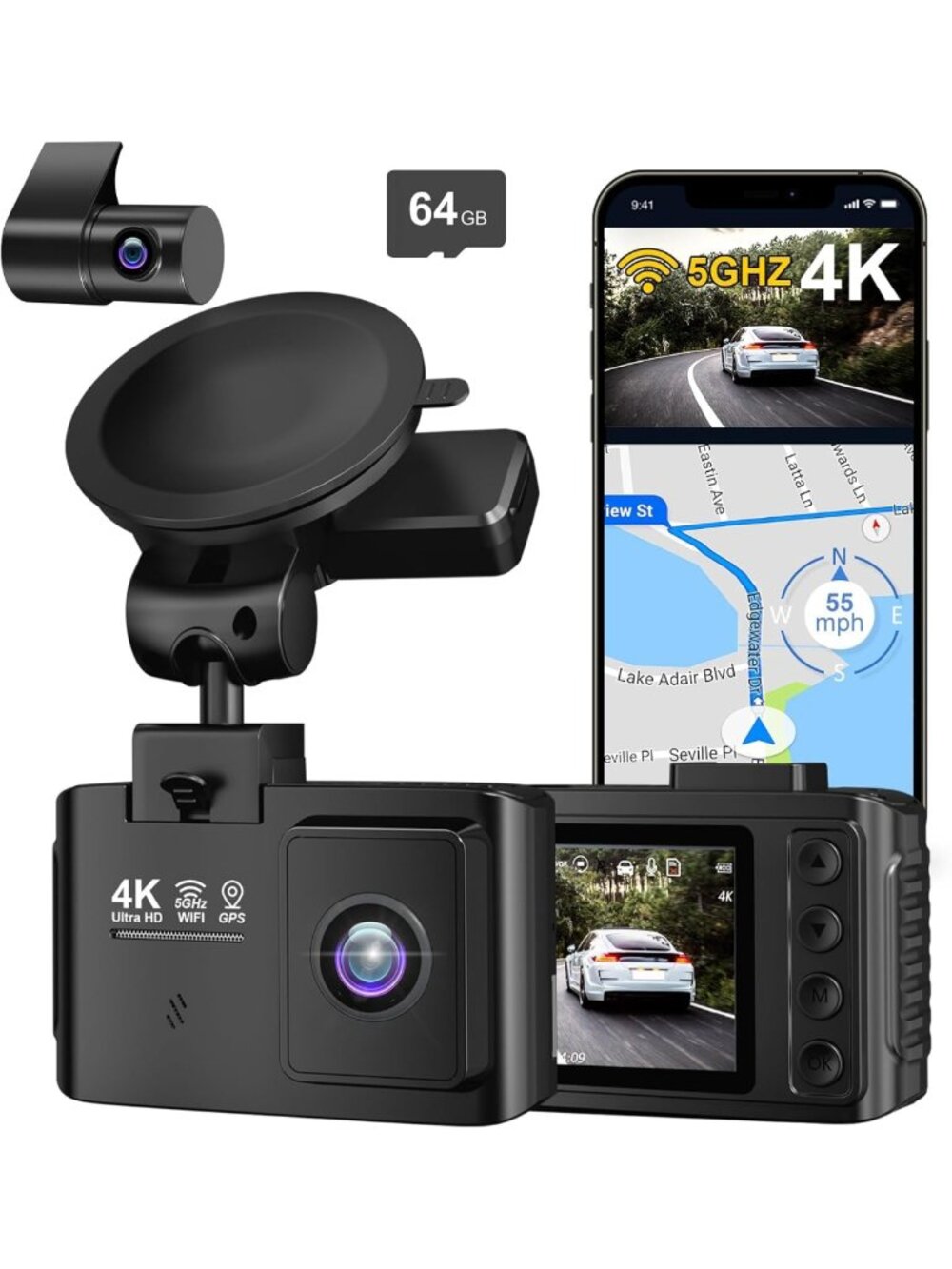 4K Dual Channel Dash Cam Front & Rear, WiFi GPS, Night Vision, 170° Wide Angle